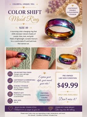 Color Shift Mood Ring - Titanium Size 10 - Purple Blue Teal Gold